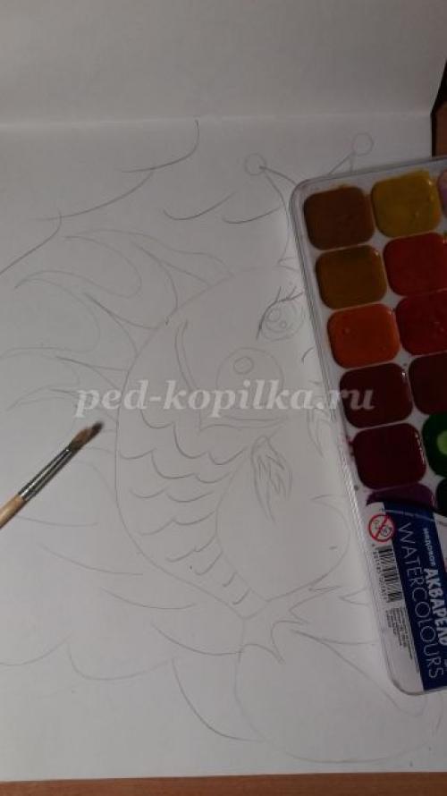 Как нарисовать рыб красками. Рисование для детей «Золотая рыбка из сказки» поэтапно с фото 11