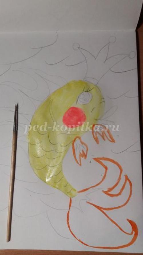 Как нарисовать рыб красками. Рисование для детей «Золотая рыбка из сказки» поэтапно с фото 12