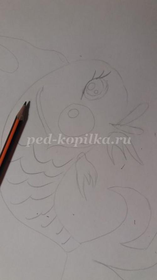 Как нарисовать рыб красками. Рисование для детей «Золотая рыбка из сказки» поэтапно с фото 07