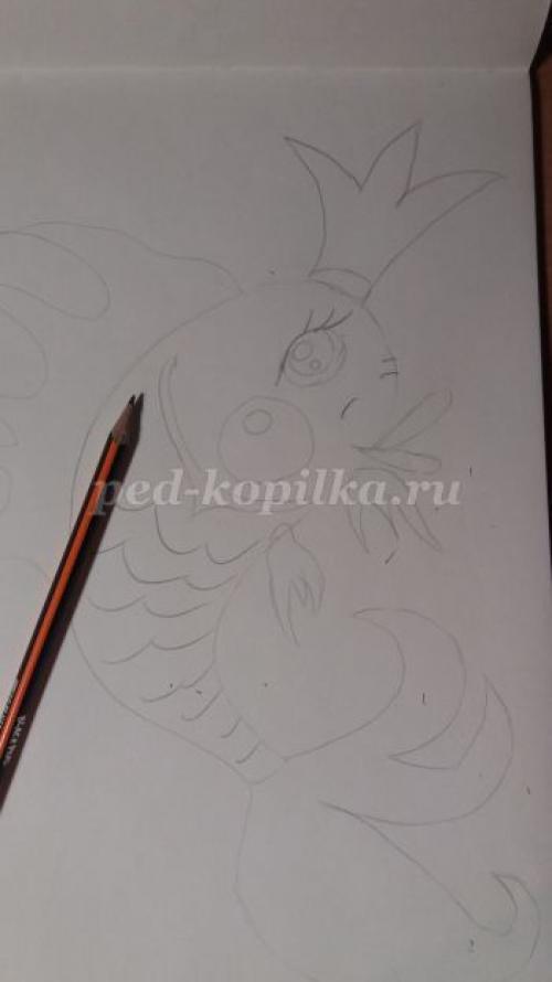 Как нарисовать рыб красками. Рисование для детей «Золотая рыбка из сказки» поэтапно с фото 08