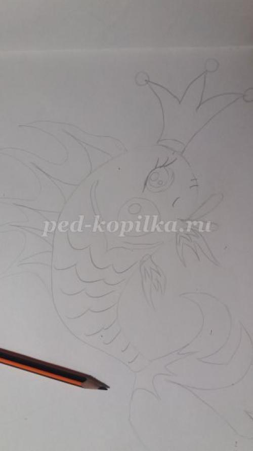 Как нарисовать рыб красками. Рисование для детей «Золотая рыбка из сказки» поэтапно с фото 09